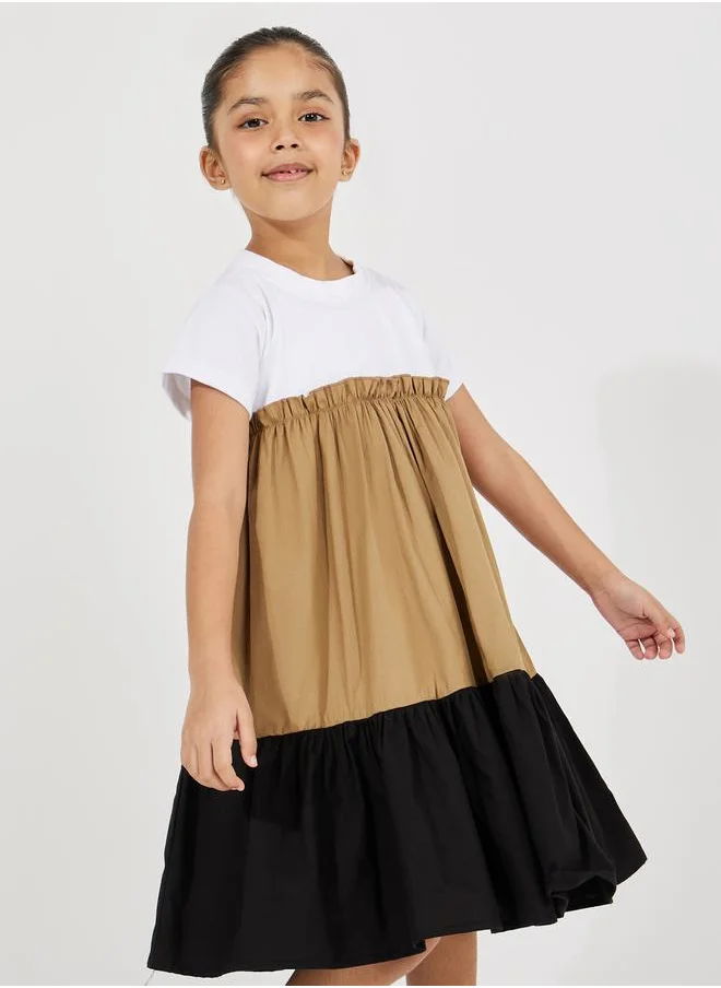 Styli Color Block Round Neck Tiered Dress