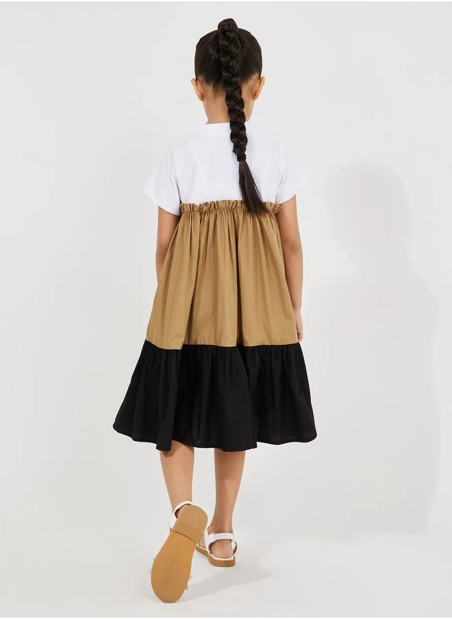 Styli Color Block Round Neck Tiered Dress