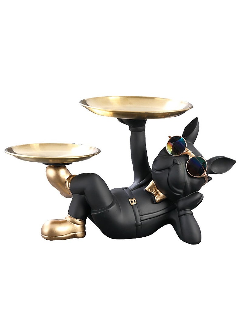 MileMelo Cool Resin Dog Statue Black 2 Metal Trays with Cute Glasses French Bulldog Figurine Sculptures Home Decor Gift (Black Lying Dog)  - Image 1