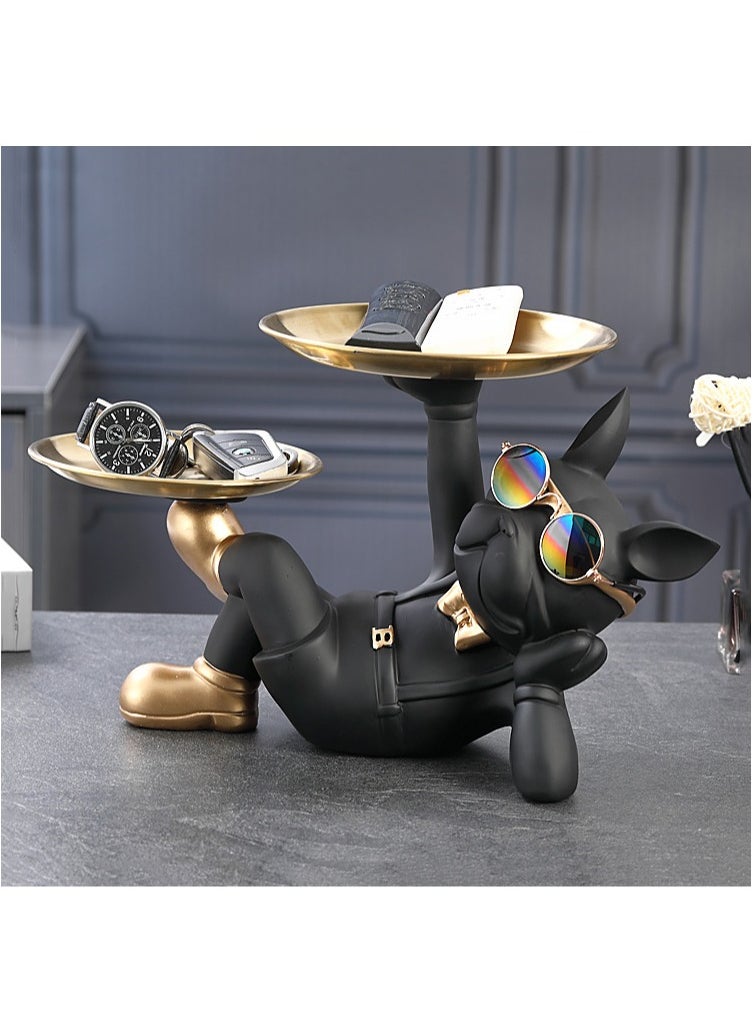 MileMelo Cool Resin Dog Statue Black 2 Metal Trays with Cute Glasses French Bulldog Figurine Sculptures Home Decor Gift (Black Lying Dog)  - Image 5