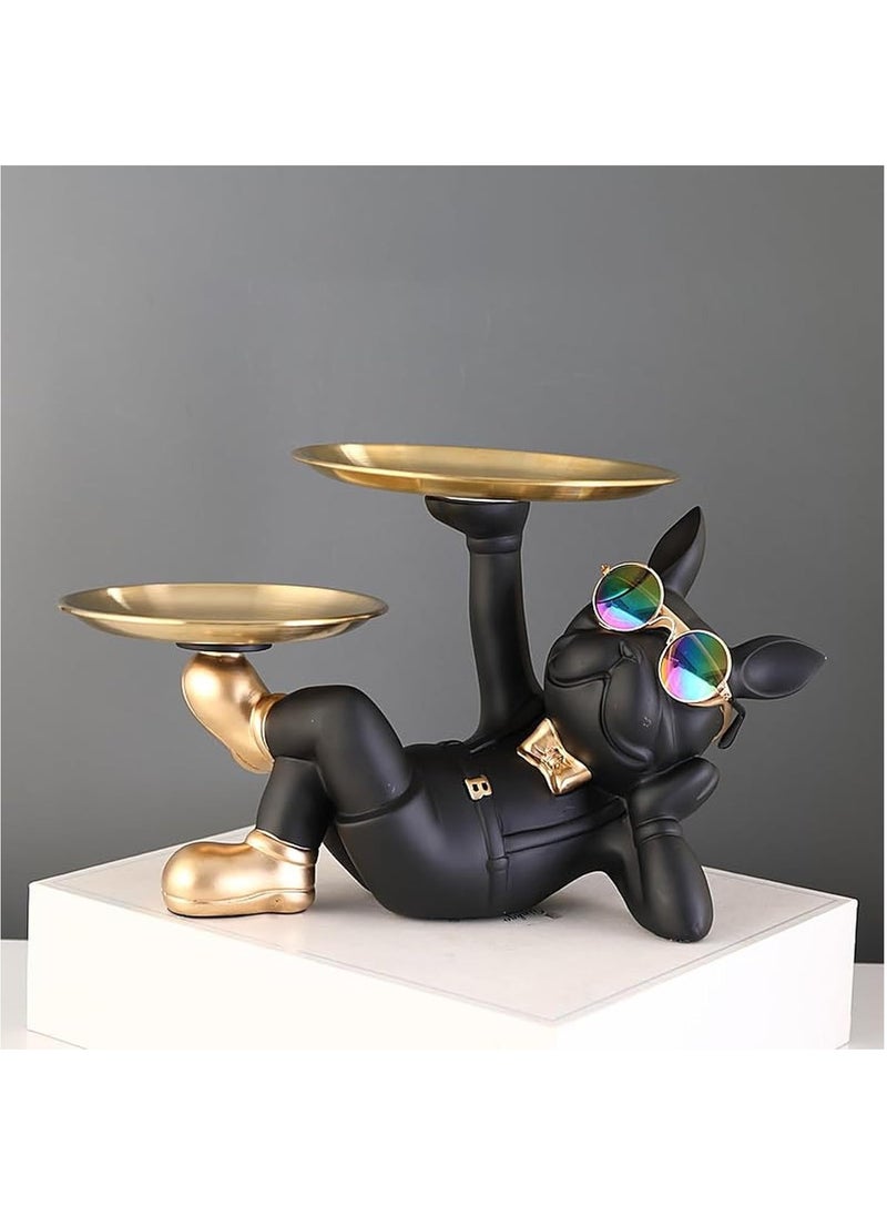 MileMelo Cool Resin Dog Statue Black 2 Metal Trays with Cute Glasses French Bulldog Figurine Sculptures Home Decor Gift (Black Lying Dog)  - Image 3
