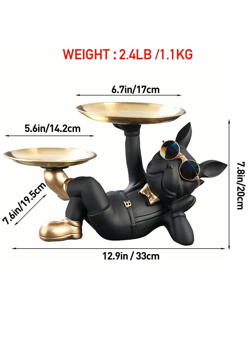 MileMelo Cool Resin Dog Statue Black 2 Metal Trays with Cute Glasses French Bulldog Figurine Sculptures Home Decor Gift (Black Lying Dog)  - Image 2