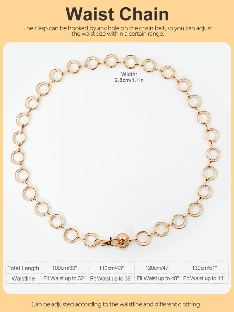 FIORETTO Chain Belt for Women Metal Belts Fashion Waist Belts for Dress Double O Ring Gold Length 39in - Image 3