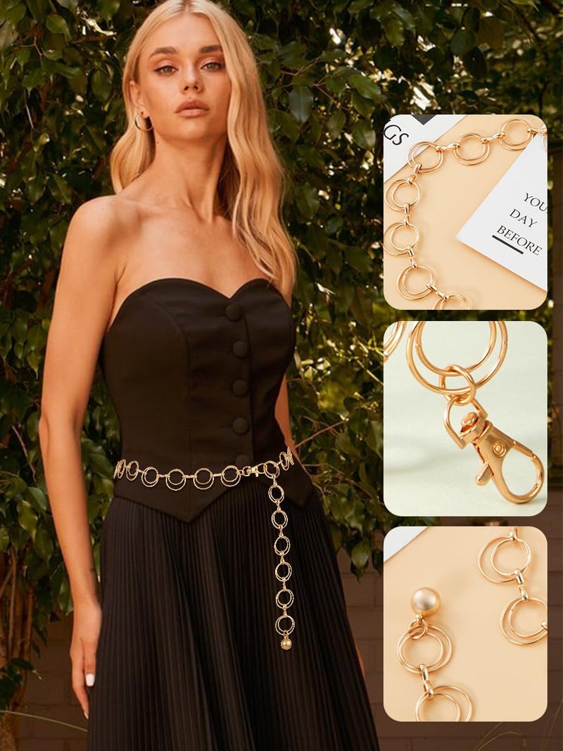 FIORETTO Chain Belt for Women Metal Belts Fashion Waist Belts for Dress Double O Ring Gold Length 39in - Image 2