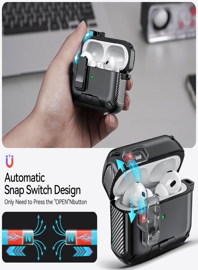JOREMX for AirPods Pro 2 Case (2023/2022/2019) with Phone Stand,（with Automatic Snap Switch） Carbon Fiber Design Protection Cover for Airpods Pro 2nd/1st Gen with Cleaning Pen - Balck - Image 3
