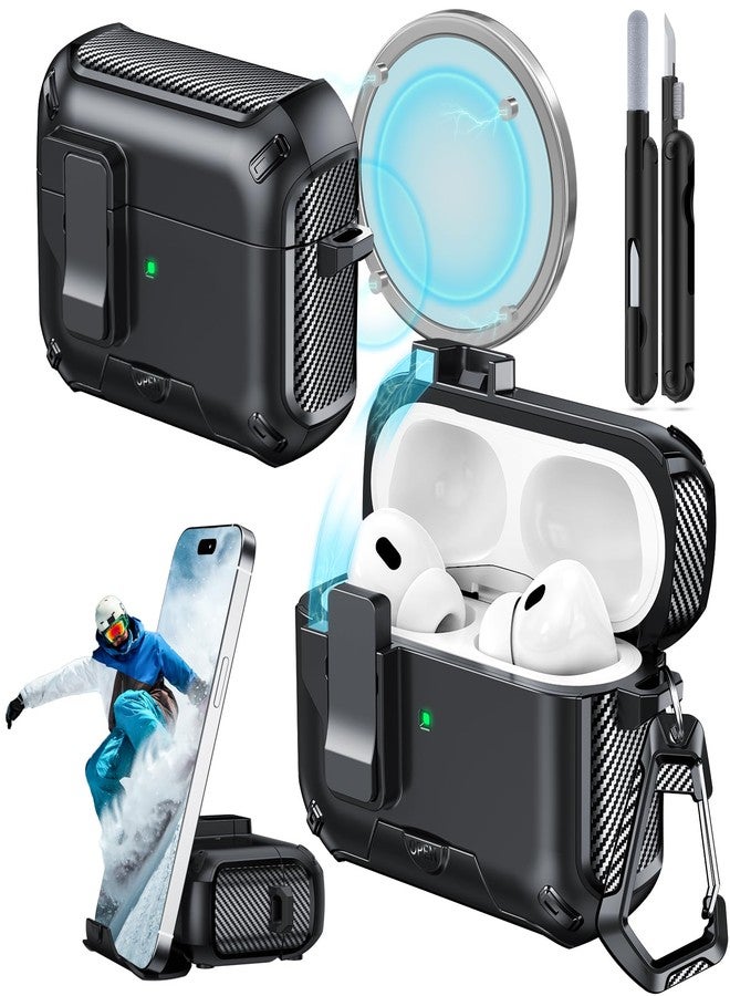 JOREMX for AirPods Pro 2 Case (2023/2022/2019) with Phone Stand,（with Automatic Snap Switch） Carbon Fiber Design Protection Cover for Airpods Pro 2nd/1st Gen with Cleaning Pen - Balck - Image 1