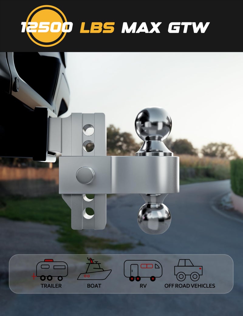 RETRUE Aluminum Trailer Tow Hitch for 2 Inch Receiver, Adjustable Truck Towing Hitches with Hitch Tightener, Heavy Duty 4 Inch Drop Down/Rise Up Hitch 12,500 LBS GTW 2 Anti-Theft Pin Locks - Image 2