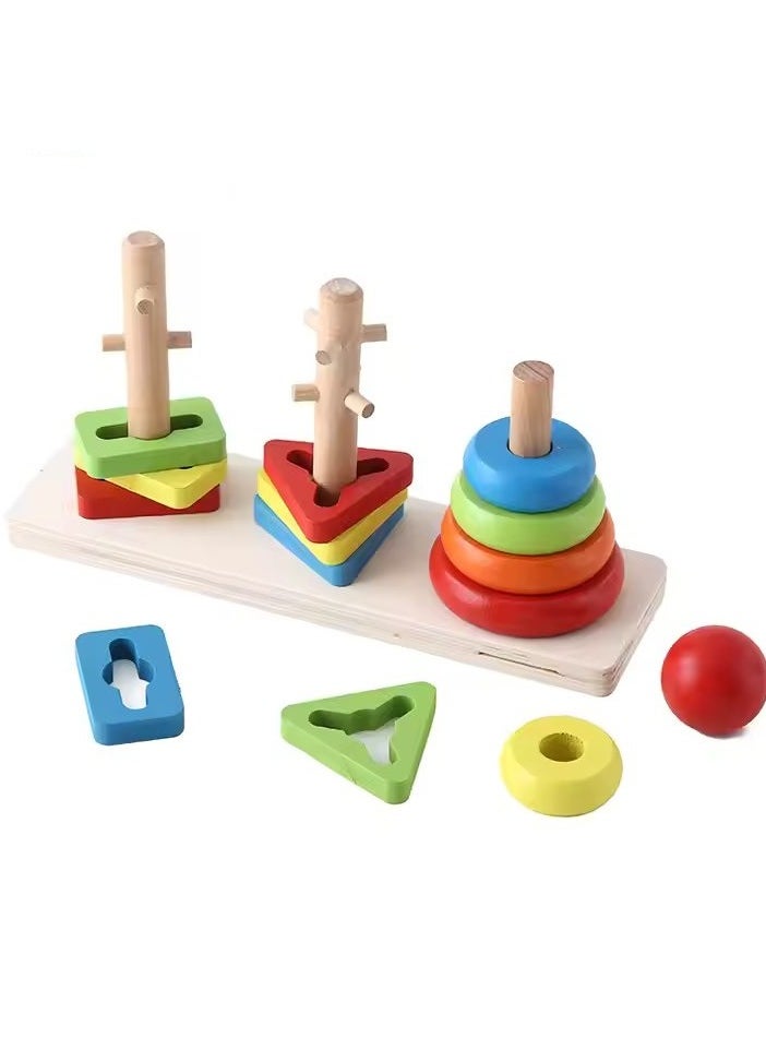 VIO Classic Wooden Stacking Rings Toy Shape and Color Recognition Sorting Puzzle for Toddlers Kids Educational Wooden Blocks  - Image 1