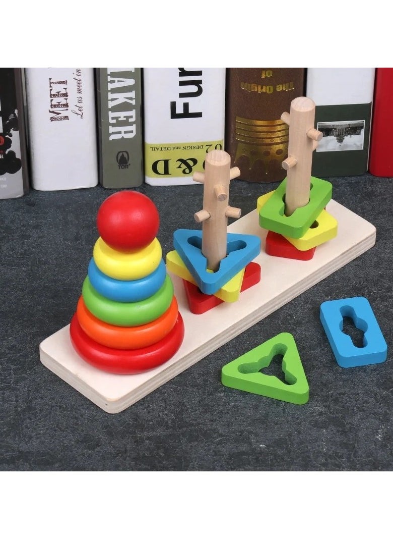 VIO Classic Wooden Stacking Rings Toy Shape and Color Recognition Sorting Puzzle for Toddlers Kids Educational Wooden Blocks  - Image 4