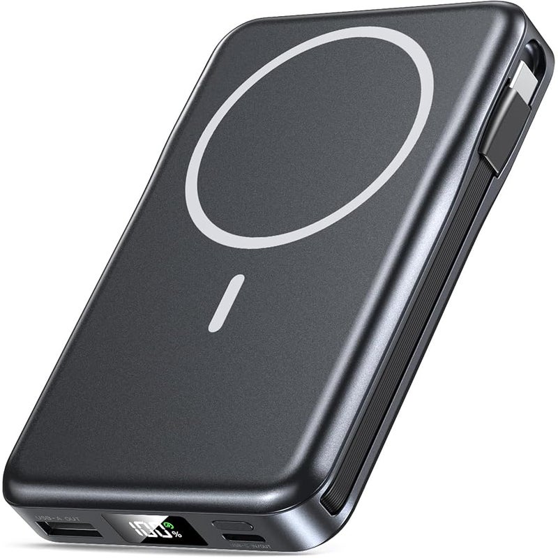 Aobbow Magnetic Portable Charger 10000mAh, 20W Power Bank with Built in Cable | 20W Fast Charging for Magsafe Battery Pack with LED Display, Travel Essential for iPhone 17/16/15/14/13/12 Pro/Pro Max-Black - Image 1
