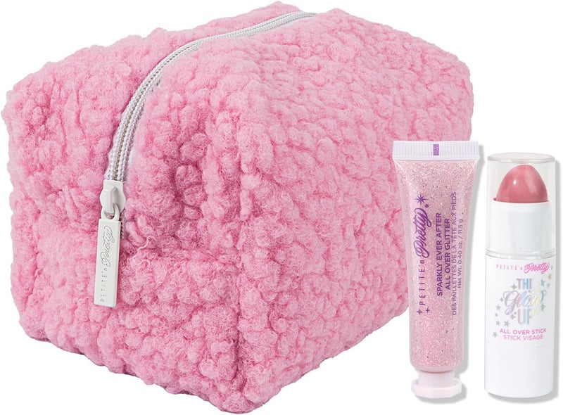 Petite 'N Pretty Petite N Pretty Glitter Makeup Set - Shimmering Glitter for Eyes, Cheeks, and Body - Glow Up Stick & All-Over Glitter in Pink Sherpa Bag for Kids, Teens, and Tweens (Pink) 