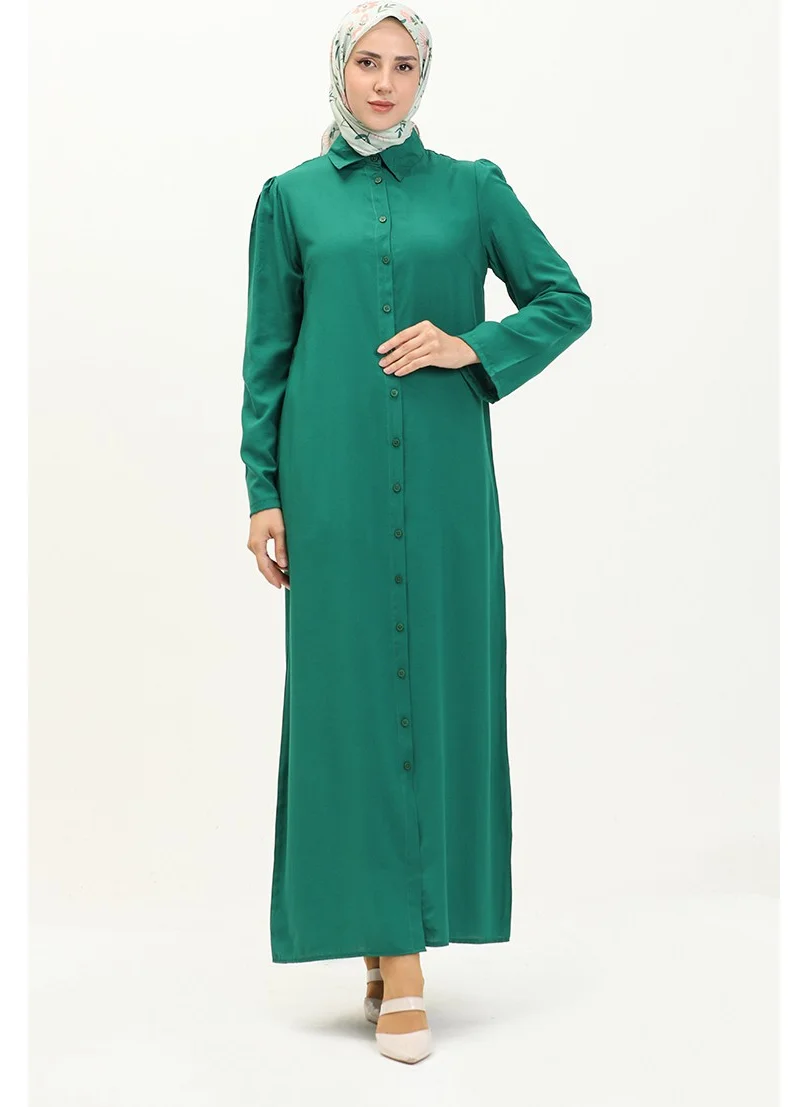 Sefa Merve Sleeve Gathered Buttoned Viscose Dress 5109-05 Emerald Green