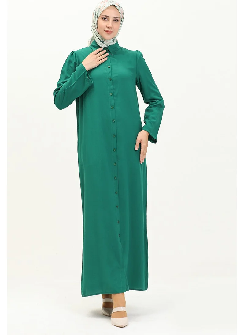 Sefa Merve Sleeve Gathered Buttoned Viscose Dress 5109-05 Emerald Green