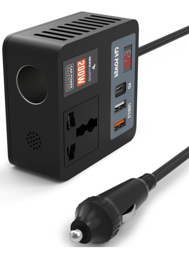 بلو فاير محوّل طاقة سيارة 200 وات 5 في 1 وشاحن لابتوب - محوّل من 12V/24V تيار مستمر إلى 220V تيار متردد مع 3 منافذ USB (30W PD، QC3.0) ومقبس 3 دبابيس وشاشة عرض LED. شحن سريع محمول للابتوب والهواتف والأجهزة اللوحية وأجهزة CPAP والكاميرات في الرحلات والعمل وحالات الطوارئ - تصميم آمن متعدد الحماية. - Image 1