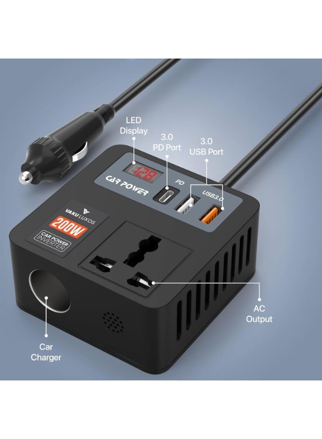 بلو فاير محوّل طاقة سيارة 200 وات 5 في 1 وشاحن لابتوب - محوّل من 12V/24V تيار مستمر إلى 220V تيار متردد مع 3 منافذ USB (30W PD، QC3.0) ومقبس 3 دبابيس وشاشة عرض LED. شحن سريع محمول للابتوب والهواتف والأجهزة اللوحية وأجهزة CPAP والكاميرات في الرحلات والعمل وحالات الطوارئ - تصميم آمن متعدد الحماية. - Image 3