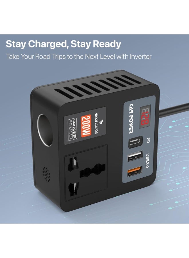 بلو فاير محوّل طاقة سيارة 200 وات 5 في 1 وشاحن لابتوب - محوّل من 12V/24V تيار مستمر إلى 220V تيار متردد مع 3 منافذ USB (30W PD، QC3.0) ومقبس 3 دبابيس وشاشة عرض LED. شحن سريع محمول للابتوب والهواتف والأجهزة اللوحية وأجهزة CPAP والكاميرات في الرحلات والعمل وحالات الطوارئ - تصميم آمن متعدد الحماية. - Image 4