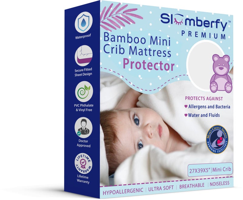Mini Crib Mattress Protector by Slumberfy Waterproof and Hypoallergenic Mattress Protector for Babies and Toddlers Made of Bamboo Material 27x39 inches