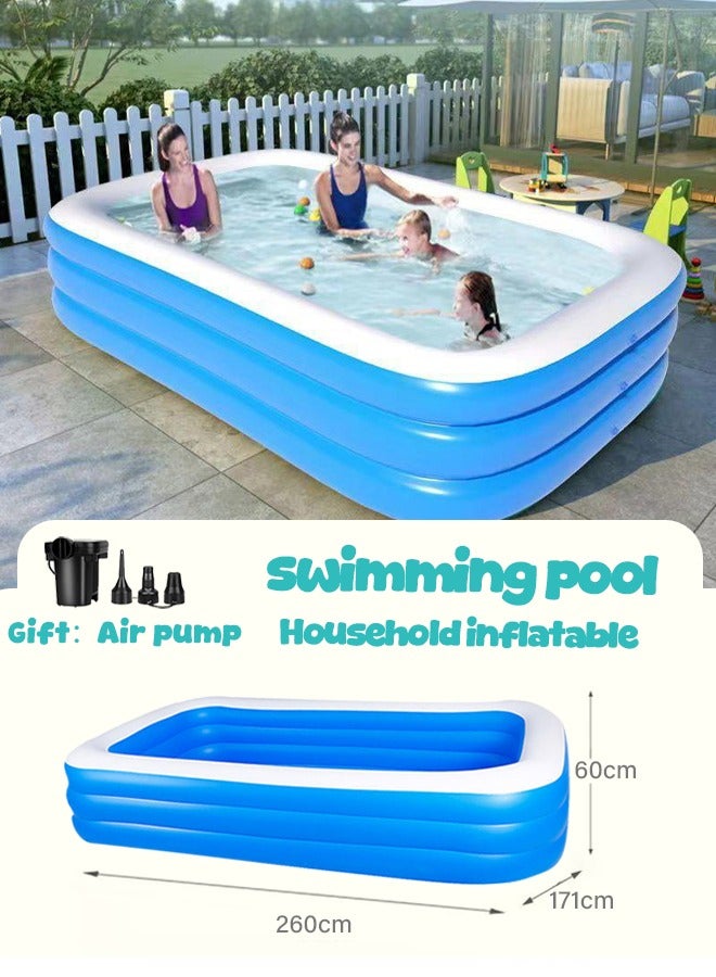Generic Inflatable Swimming Pool 260x170x60cm - Blue & White Family Kids Pool with Triple Ring Design, Durable PVC Material, Flat Bottom for Stability, Portable for Outdoor/Garden Use - Image 2