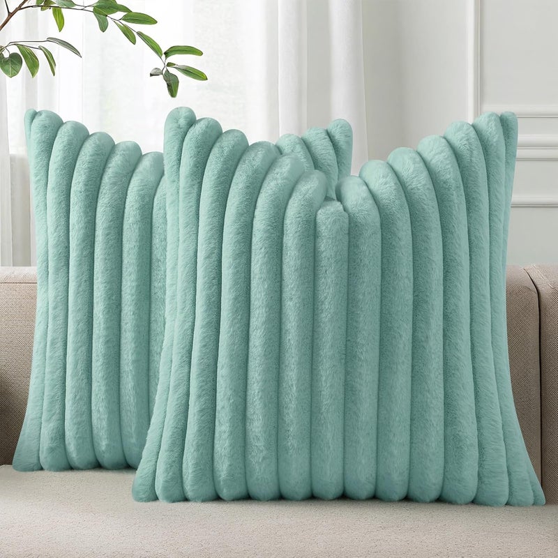 Pallene Faux Fur Plush Throw Pillow Covers 20x20 Set of 2, Luxury Soft Fluffy Striped Decorative Pillow Covers for Sofa, Couch, Living Room, Aqua - Image 1