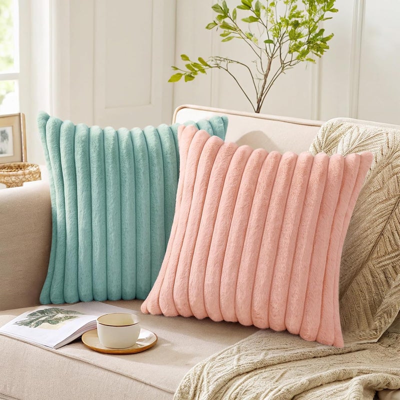 Pallene Faux Fur Plush Throw Pillow Covers 20x20 Set of 2, Luxury Soft Fluffy Striped Decorative Pillow Covers for Sofa, Couch, Living Room, Aqua - Image 5