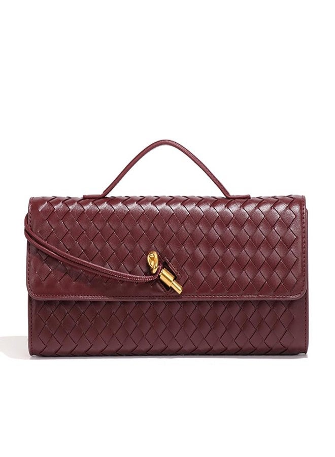 Covelin Women's Handmade Woven Evening Bag Leather Shoulder Clutch Handbag Fashion Crossbody Purse Wine Red - Image 1