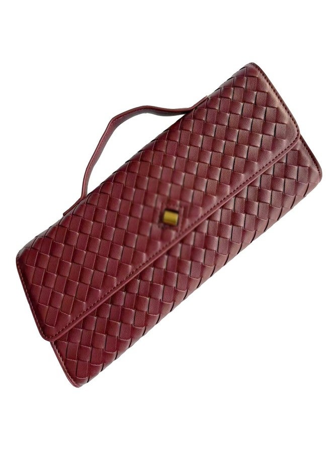Covelin Women's Handmade Woven Evening Bag Leather Shoulder Clutch Handbag Fashion Crossbody Purse Wine Red - Image 2