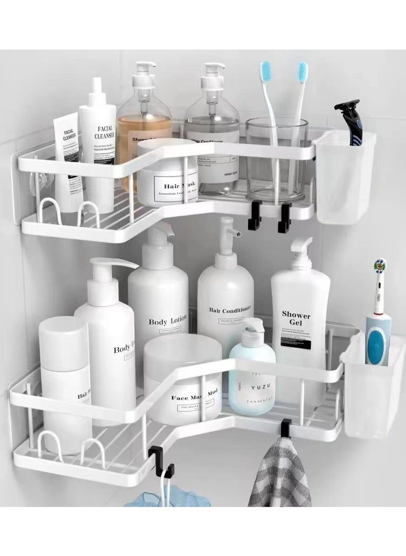 Beauenty Corner Shower Caddy, 2 Pack Adhesive Shower Corner Organizer Shelves, No Drilling Stainless Steel Shower Storage Rack with Hooks Toothpaste Holder for Bathroom, Dorm and Kitchen，white  - Image 1