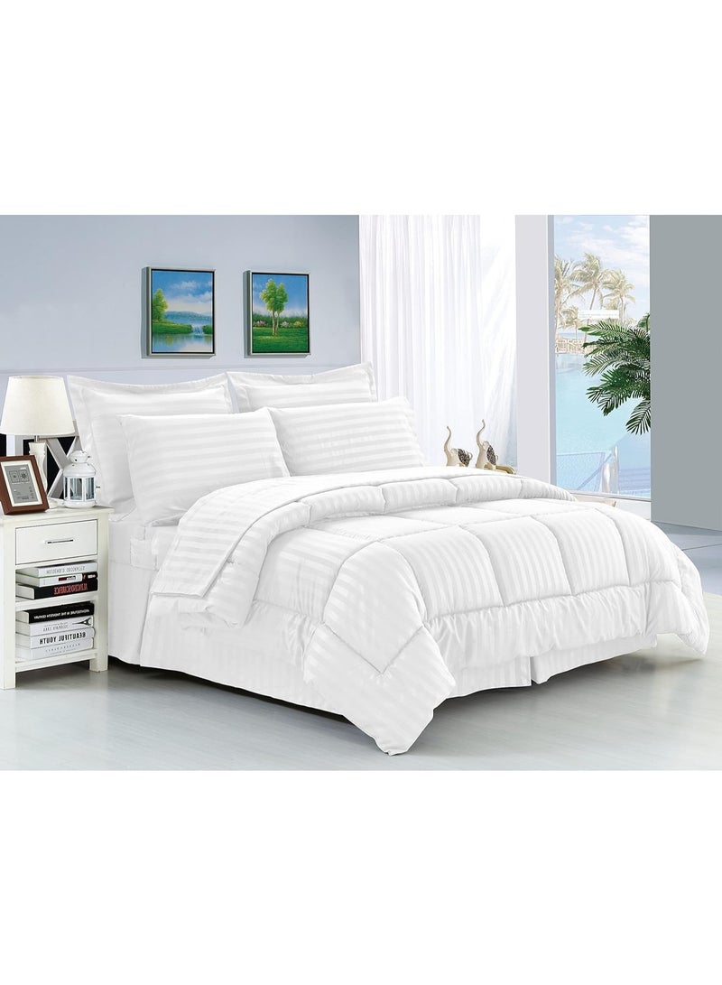 3 Piece Queen Size Hotel Duvet Set Stripe Set 220 x 240 cm - 1 Duvet With Filling, 1 Fitted Bed Sheet and Pillow Cases 48x74+5cm - Quilt Set, White - Image 1