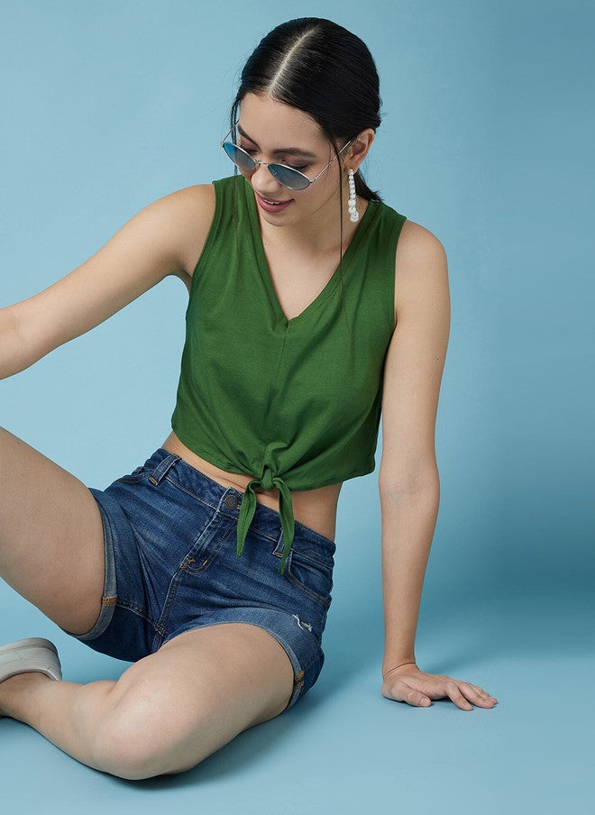 CHIMPAAANZEE Green Tank Front Waist Tie-up Pure Cotton Crop Top - Image 5