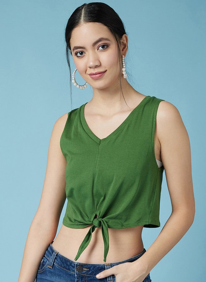 CHIMPAAANZEE Green Tank Front Waist Tie-up Pure Cotton Crop Top - Image 1