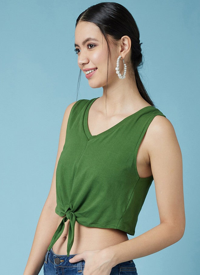 CHIMPAAANZEE Green Tank Front Waist Tie-up Pure Cotton Crop Top - Image 3
