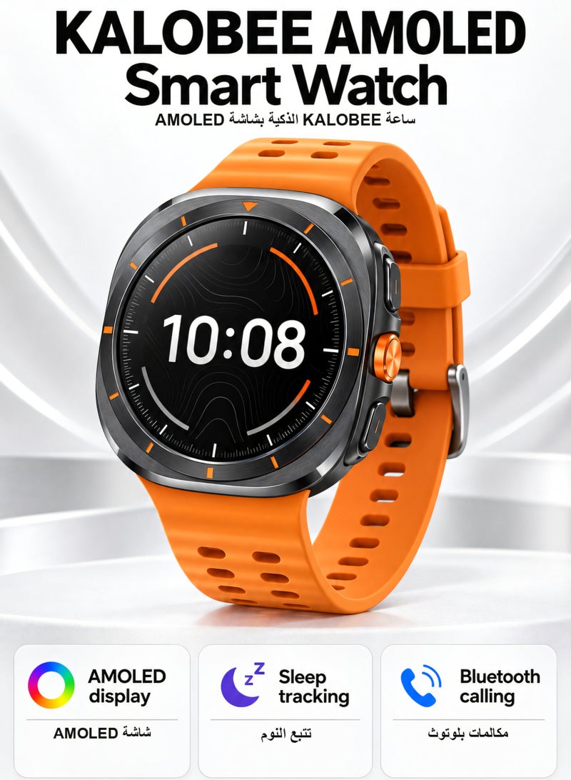 KALOBEE AMOLED Smart Watch Orange GPS Bluetooth Calling Heart Rate Monitor Fitness Tracker with Multiple Straps for Men and Women - Image 2