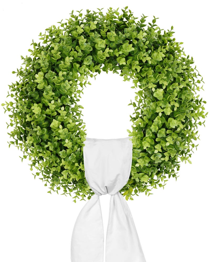 Vlorart 22 Inch Boxwood Wreaths for Front Door, Artificial Spring Wreath with Sash for Porch Window Wall Farmhouse Wedding Home Decorations, Summer Green Wreath for Year Round Indoor & Outdoor - Image 1