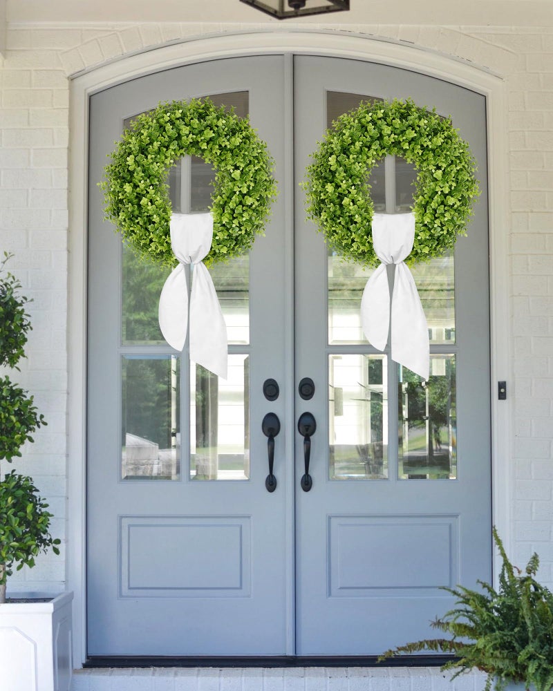Vlorart 22 Inch Boxwood Wreaths for Front Door, Artificial Spring Wreath with Sash for Porch Window Wall Farmhouse Wedding Home Decorations, Summer Green Wreath for Year Round Indoor & Outdoor - Image 5