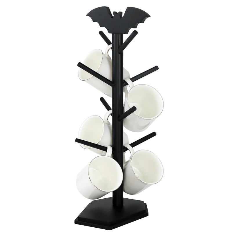 RSSCIIIUL Bat Mug Holder Tree  8 Hooks Rack for Gothic Home Decor  Wood Mug Tree for Countertop  Cup Holder for Halloween Kitchen Organizer  Coffee Bar Accessories