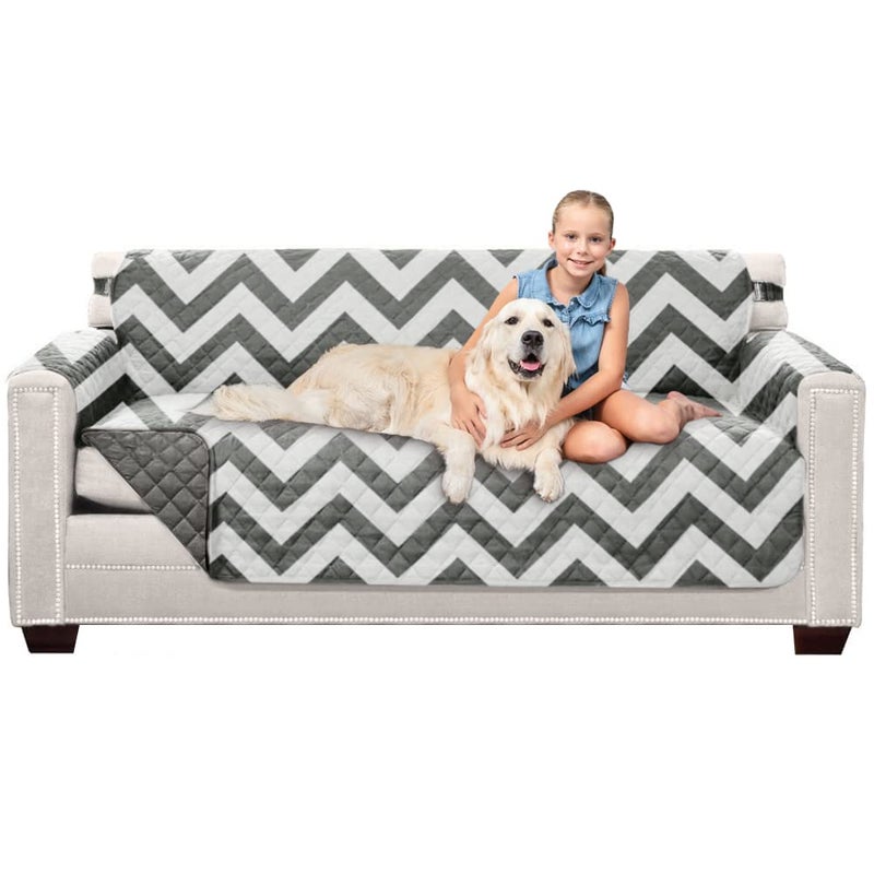 Sofa Shield Couch Slip Cover with Patented Strap, Cushion Protector, US Designed Reversible Stain and Dog Tear Resistant Slipcover, 70 inch Seat, Washable Covers for Dogs Pets, Charcoal Linen - Image 1