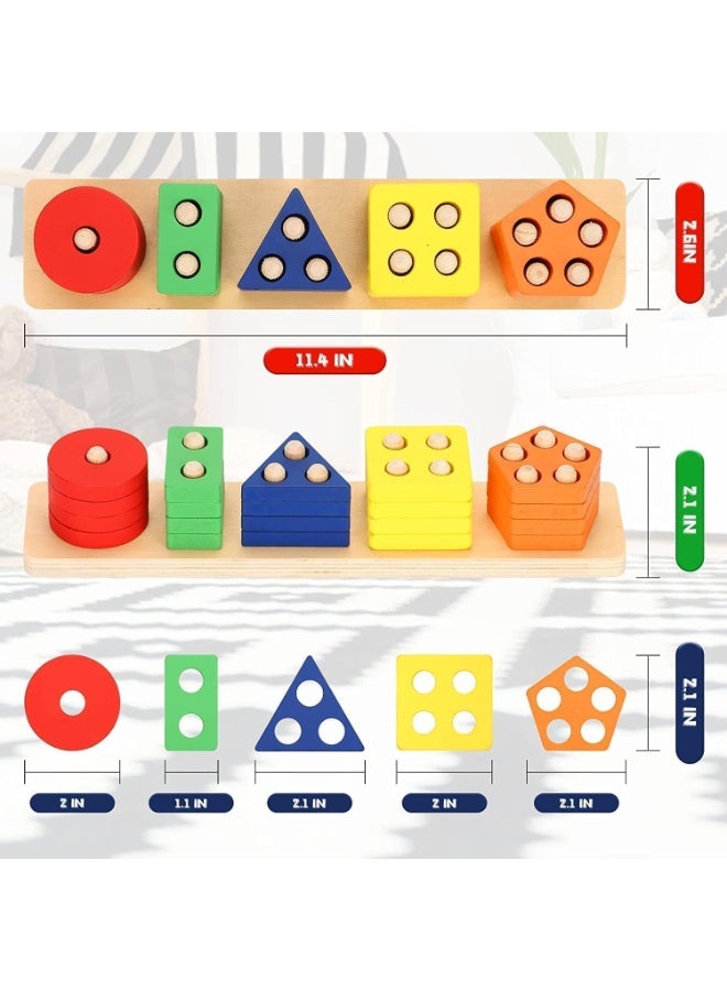 SKY-TOUCH Wooden Sorting & Stacking Toys, Shape Color Recognition Geometric Blocks Matching Puzzle with Lacing String, Educational Preschool Learning Board Game Gift for Babies - Image 5
