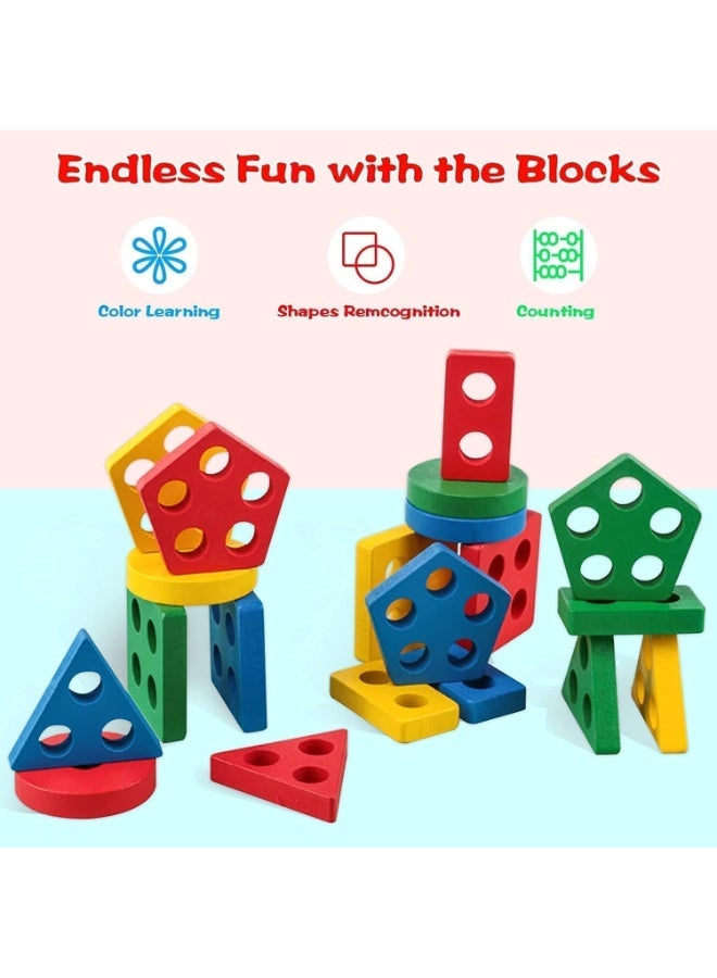 SKY-TOUCH Wooden Sorting & Stacking Toys, Shape Color Recognition Geometric Blocks Matching Puzzle with Lacing String, Educational Preschool Learning Board Game Gift for Babies - Image 2