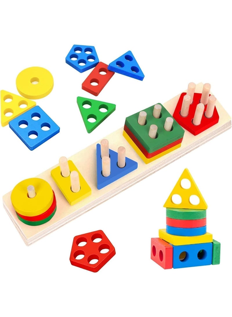 SKY-TOUCH Wooden Sorting & Stacking Toys, Shape Color Recognition Geometric Blocks Matching Puzzle with Lacing String, Educational Preschool Learning Board Game Gift for Babies - Image 3