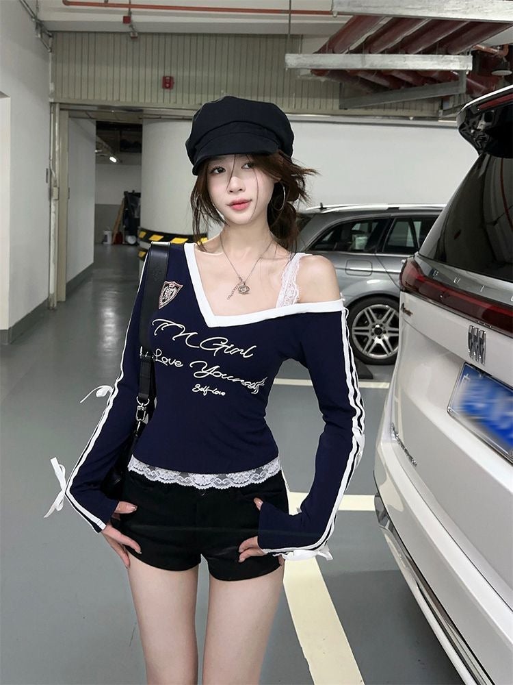 Bow Lace Stitching Long-Sleeved T-Shirt Women'S Autumn New Spice Girl Design Sense Slim-Fit Slimming Printed Top Ins - Image 4