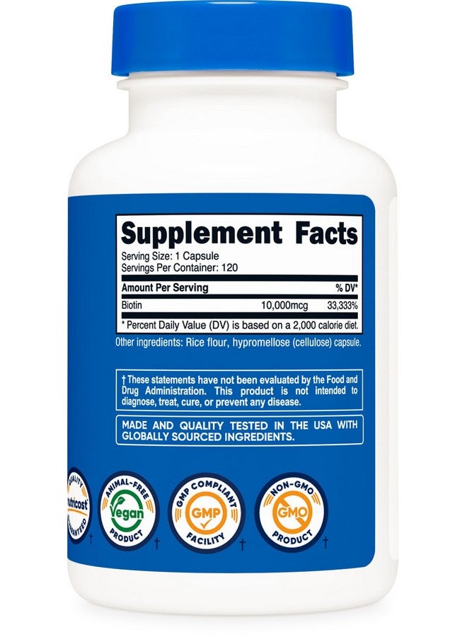 Nutricost نوتريكوست بيوتين (فيتامين ب7) 10,000 ميكروغرام (10 ملغ)، 120 كبسولة - نباتي، خالي من الغلوتين، غير معدل وراثيًا - Image 5