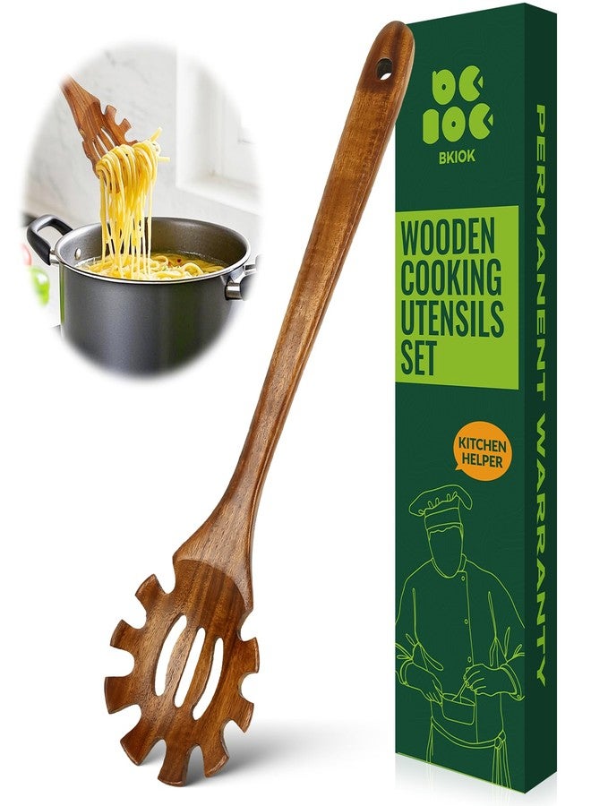 Bkiok Teak Wood Pasta Fork for Cooking, Noodle Spaghetti Spoon Server, Elaborately Polished Wooden Pasta Server with Teeth - Image 1