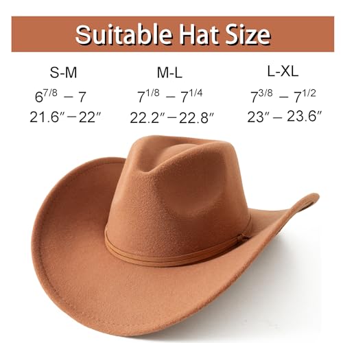 Lanzom Women Men Retro Felt Wide Brim Western Cowboy Cowgirl Hat Dress Up Hat with Wind Lanyard (Khaki,Medium-Large) - Image 2
