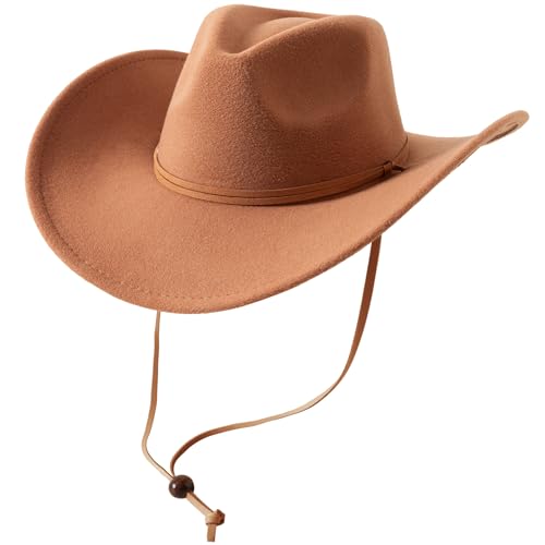 Lanzom Women Men Retro Felt Wide Brim Western Cowboy Cowgirl Hat Dress Up Hat with Wind Lanyard (Khaki,Medium-Large) - Image 1