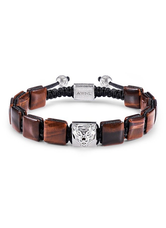 Flatbead Drawstring Bracelet With Red Tiger Eye and Sterling Silver Charm