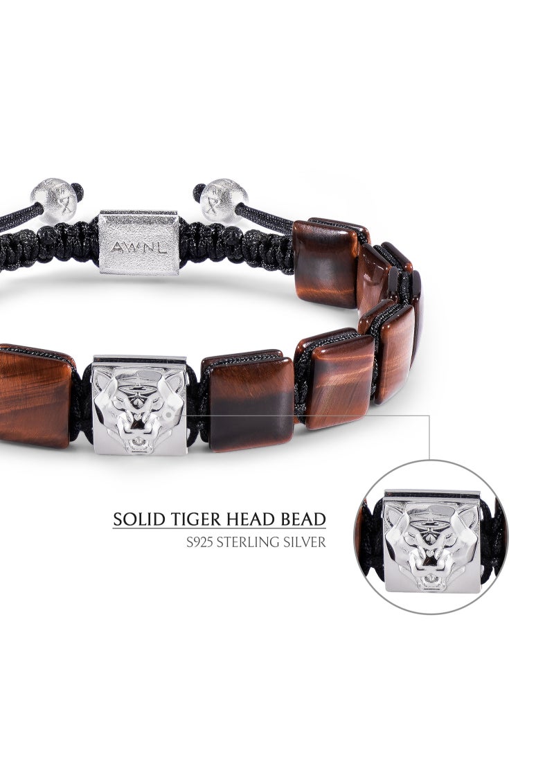Flatbead Drawstring Bracelet With Red Tiger Eye and Sterling Silver Charm