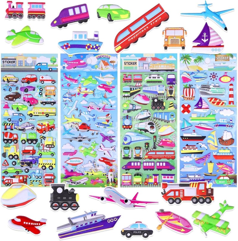 SUPER TOY 3D Puffy Sticker for Kids & Toddlers 4 Strap of 100+ Cars and Trucks Stickers, 3D Stickers Cars, Trains, Airplanes, Trucks Scrap Book Decoration for Boys & Girls - Image 1
