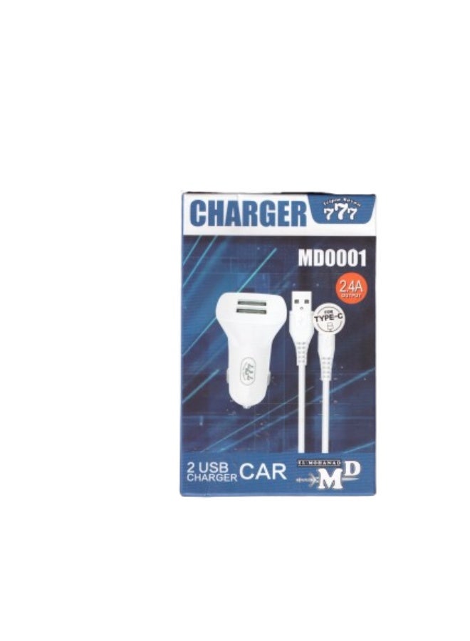 777 شاحن سيارة بمنفذين USB + كابل Type-C - شاحن هاتف 2.4A - Triple Seven - Image 1