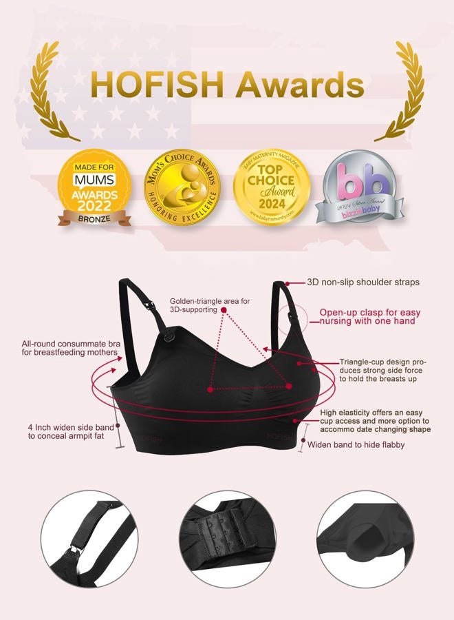 HOFISH Women's Nursing Bra Seamless Maternity Bra Night Sleep Wireless Bra with Removable Pads and Extra Extenders and Clips, 3Pack: Black, S - Image 2