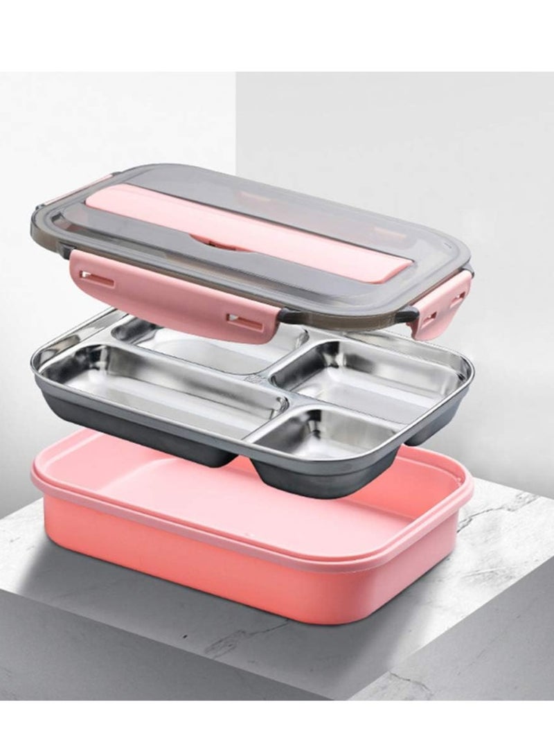 DubaiGallery Stainless Steel Bento Lunch Box With Fork Spoon 4-Compartment Metal Food Pail With Cover That Prevents Leaks & Spills - Image 2